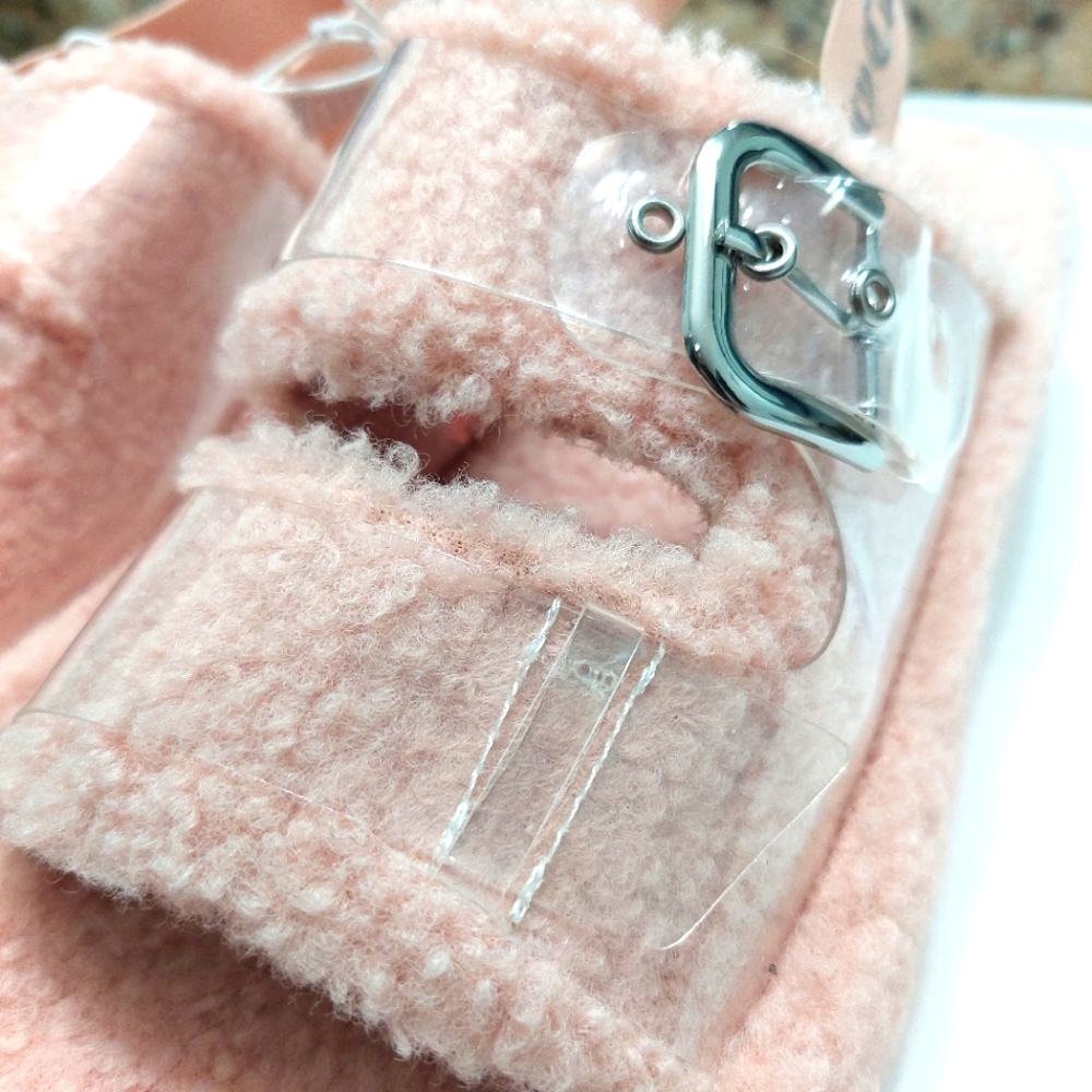 NWT Juicy Couture Slipper Slide Faux Fur Sherpa Sandal Blush Pink 9 Griffin - Picture 3 of 8